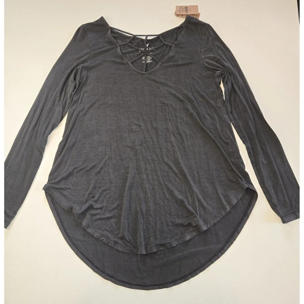 American Eagle Gray Soft & Sexy Long Sleeve Womens Tee Crosscross V-Neck Small - Picture 1 of 7